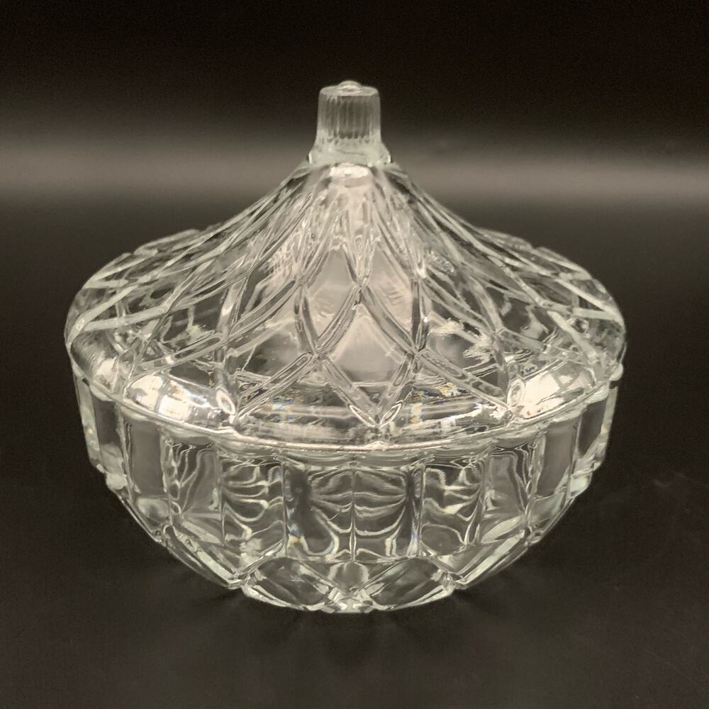 Vintage KIG Indonesia Glass Candy Dish Bowl With Lid Diamond Cut Round Pressed